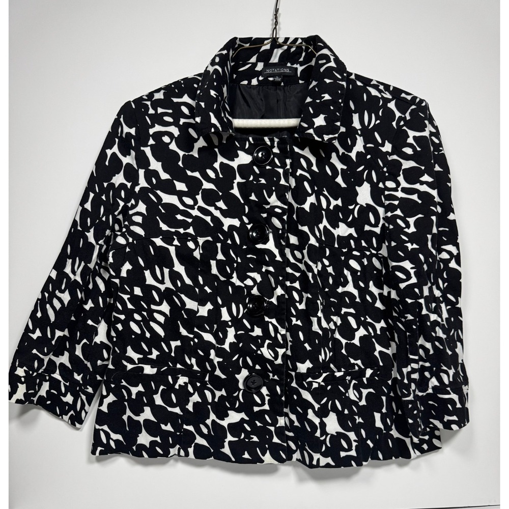 Notations Blazer Jacket Womens Large Black White Abstract Print Single Breasted